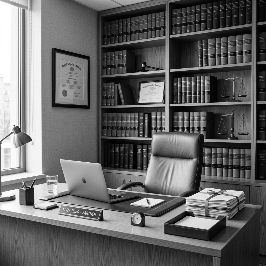 Monochrome legal office with books